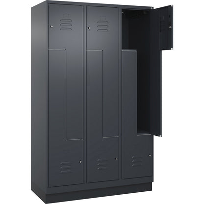 Classic PLUS Z locker, 3 compartments, grey, W 1200 mm, with base plinth, cylinder lock.