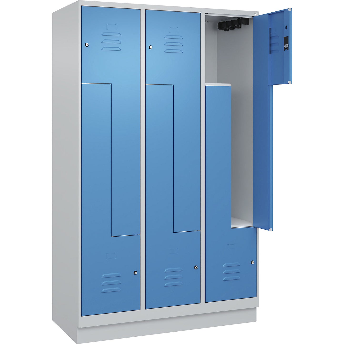 Classic PLUS Z locker, 3 compartments, light grey/light blue, W 1200 mm, with base plinth, cylinder lock.