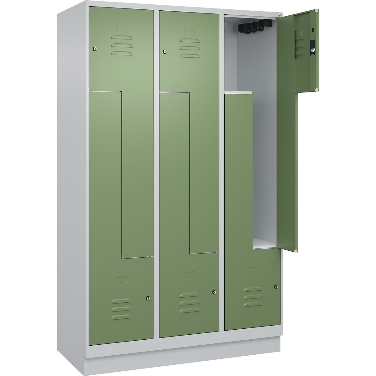 Classic PLUS Z locker, 3 compartments, light grey/reseda green, W 1200 mm, with base plinth, cylinder lock.