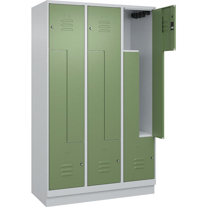Classic PLUS Z locker, 3 compartments, light grey/reseda green, W 1200 mm, with base plinth, cylinder lock.