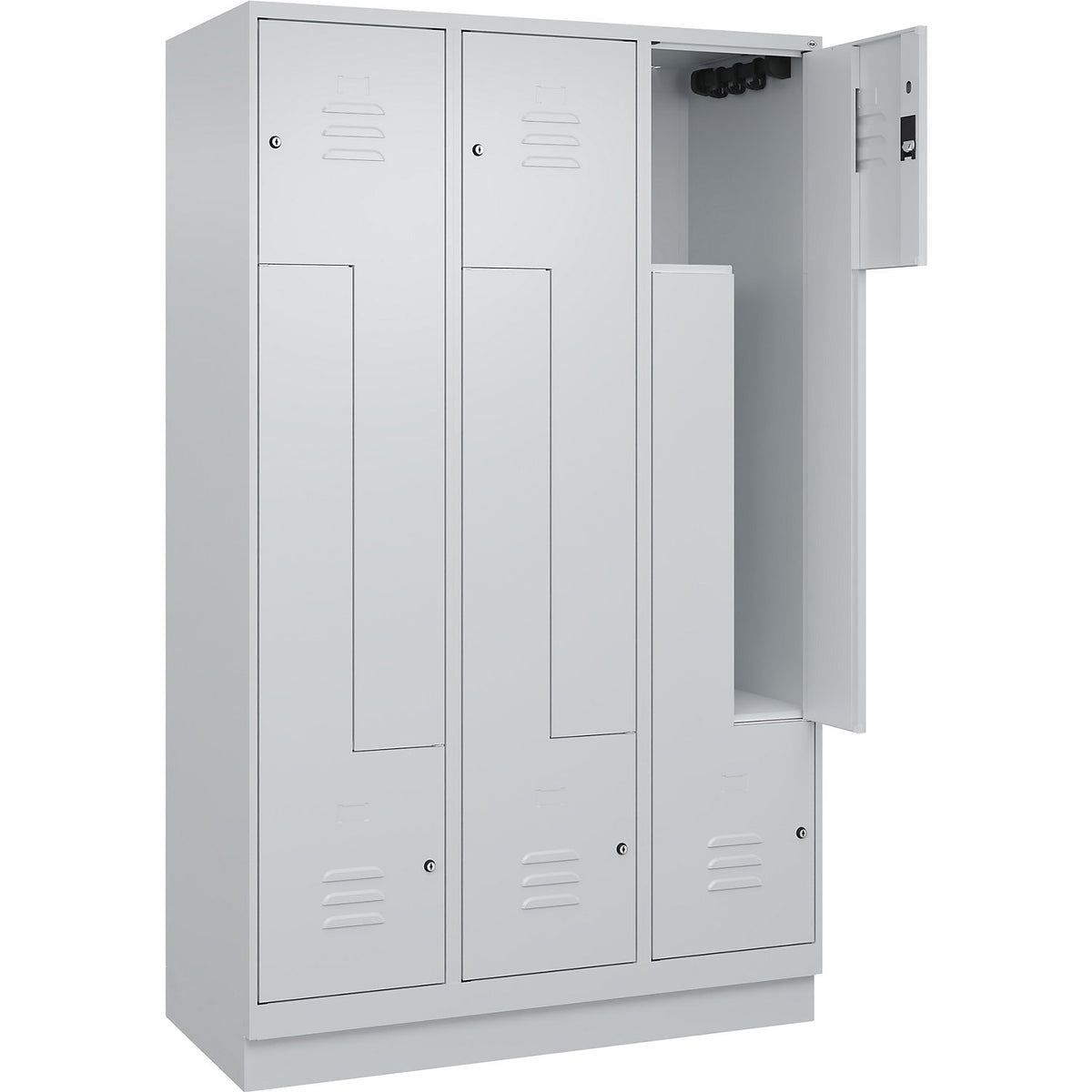 Classic PLUS Z locker, 3 compartments, light grey, W 1200 mm, with base plinth, cylinder lock.