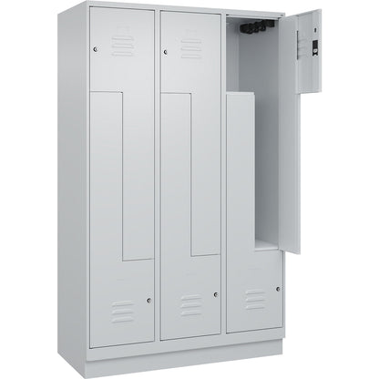 Classic PLUS Z locker, 3 compartments, light grey, W 1200 mm, with base plinth, cylinder lock.