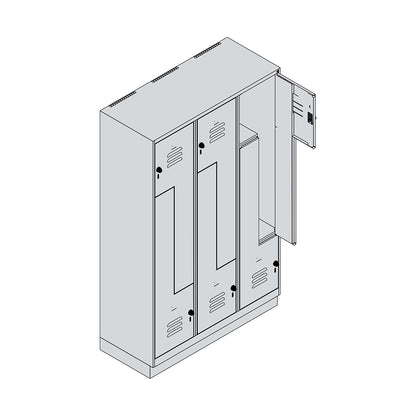 Classic PLUS Z locker, 3 compartments, light grey, W 1200 mm, with base plinth, rotary bolt.