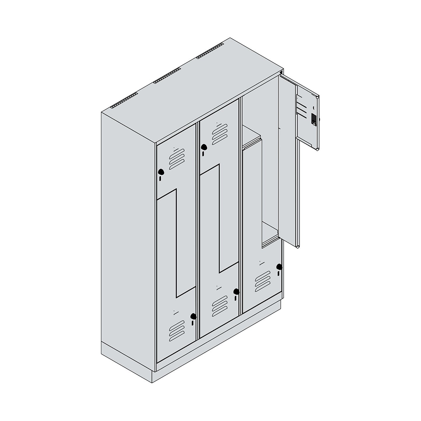 Classic PLUS Z locker, 3 compartments, light grey/reseda green, W 1200 mm, with base plinth, rotary bolt.