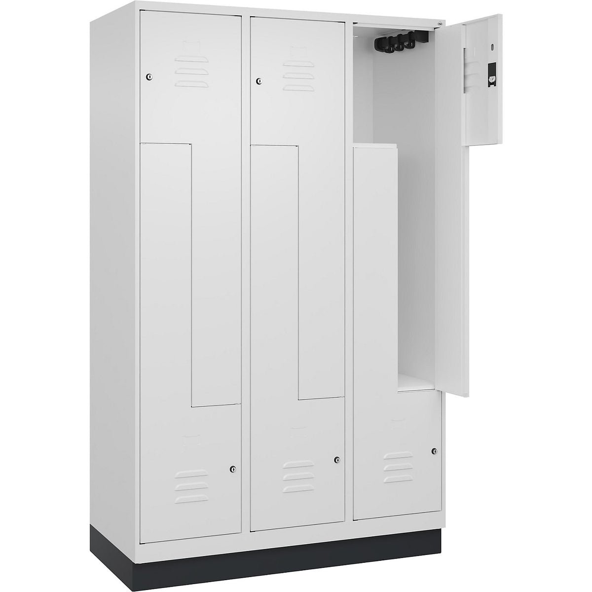 Classic PLUS Z locker, 3 compartments, traffic white, W 1200 mm, with base plinth, cylinder lock.