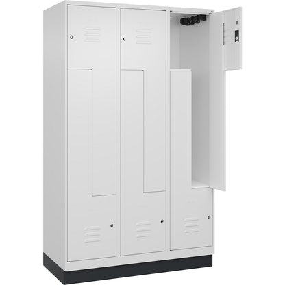 Classic PLUS Z locker, 3 compartments, traffic white, W 1200 mm, with base plinth, cylinder lock.