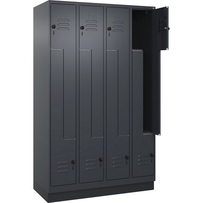 Classic PLUS Z locker, 4 compartments, grey, W 1200 mm, with base plinth, rotary bolt.