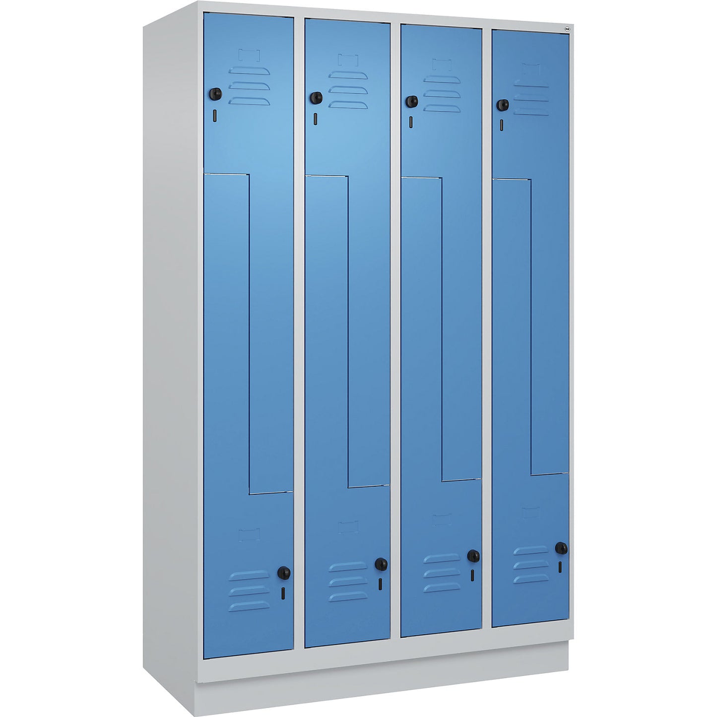 Classic PLUS Z locker, 4 compartments, light grey/light blue, W 1200 mm, with base plinth, rotary bolt.