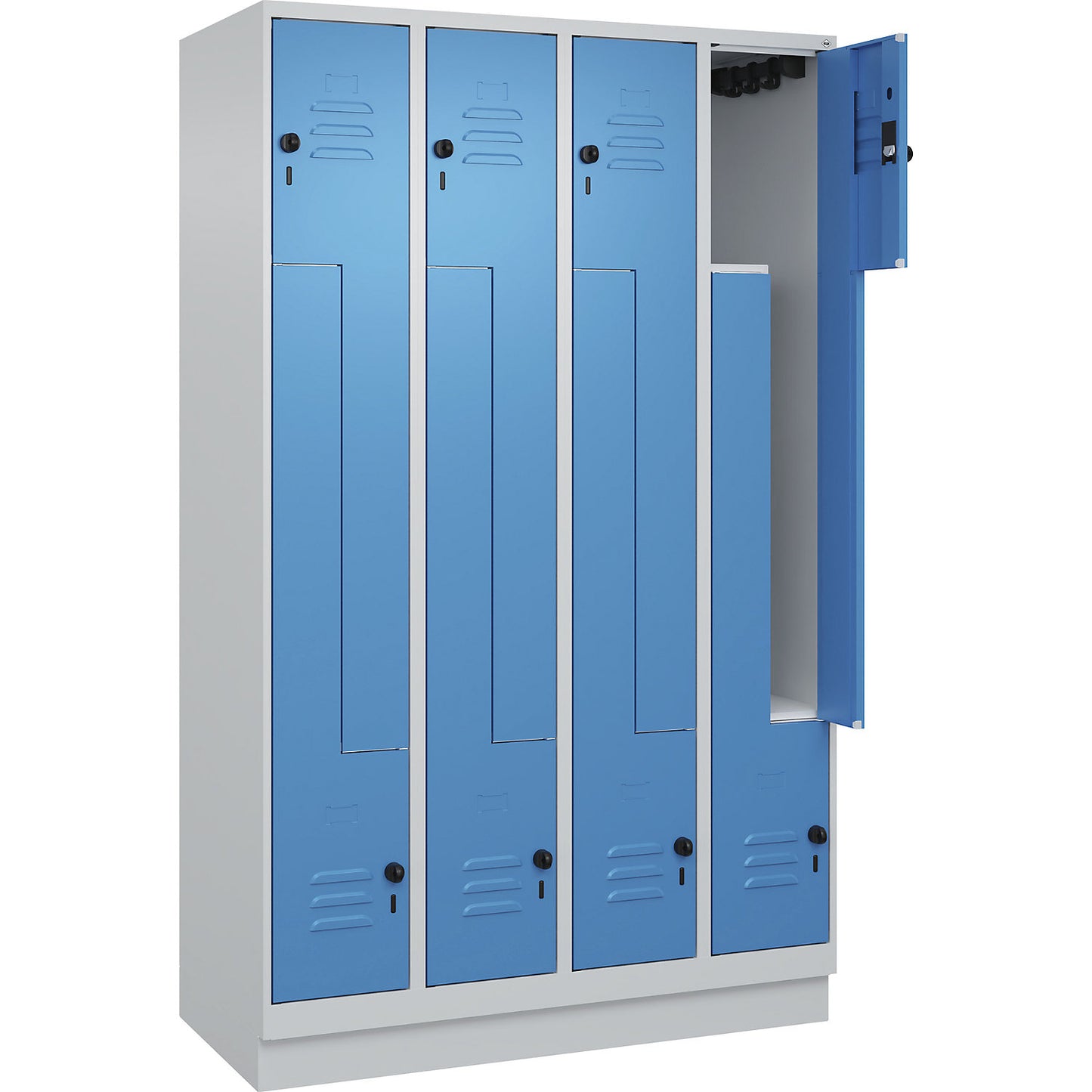 Classic PLUS Z locker, 4 compartments, light grey/light blue, W 1200 mm, with base plinth, rotary bolt.