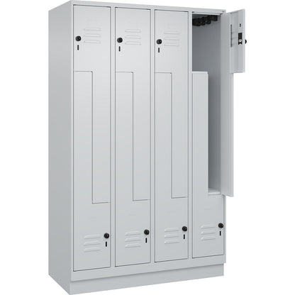 Classic PLUS Z locker, 4 compartments, light grey, W 1200 mm, with base plinth, rotary bolt.