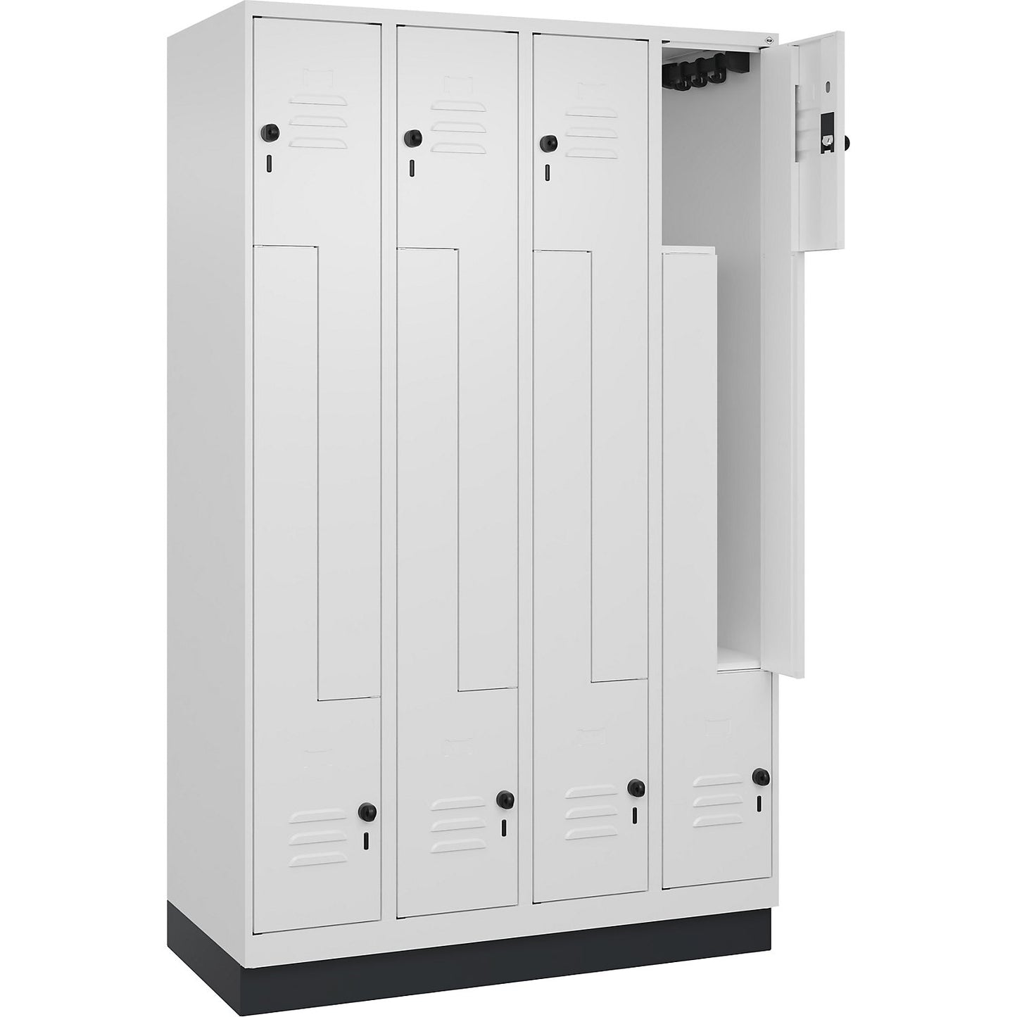 Classic PLUS Z locker, 4 compartments, traffic white, W 1200 mm, with base plinth, rotary bolt.