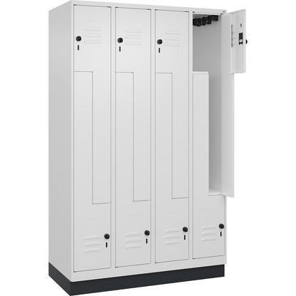 Classic PLUS Z locker, 4 compartments, traffic white, W 1200 mm, with base plinth, rotary bolt.