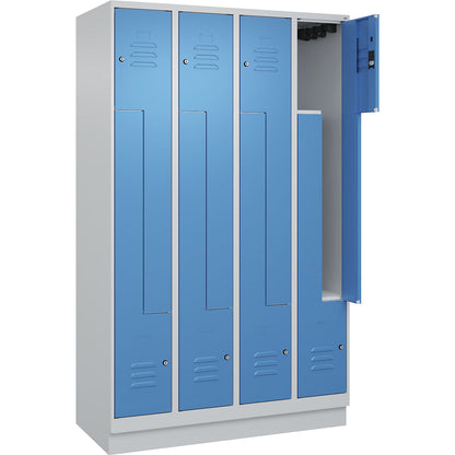 Classic PLUS Z locker, 4 compartments, light grey/light blue, W 1200 mm, with base plinth, cylinder lock.