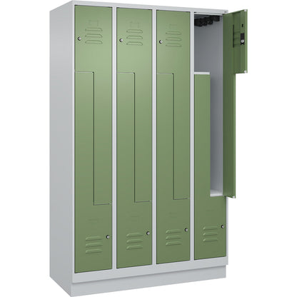 Classic PLUS Z locker, 4 compartments, light grey/reseda green, W 1200 mm, with base plinth, cylinder lock.
