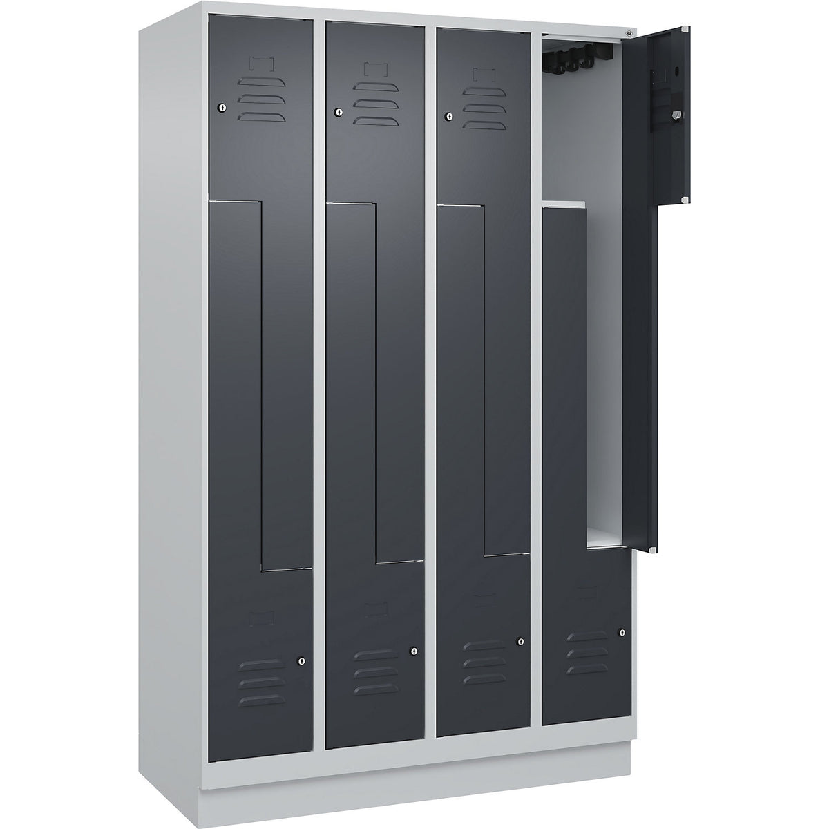 Classic PLUS Z locker, 4 compartments, light grey/grey, W 1200 mm, with base plinth, cylinder lock.