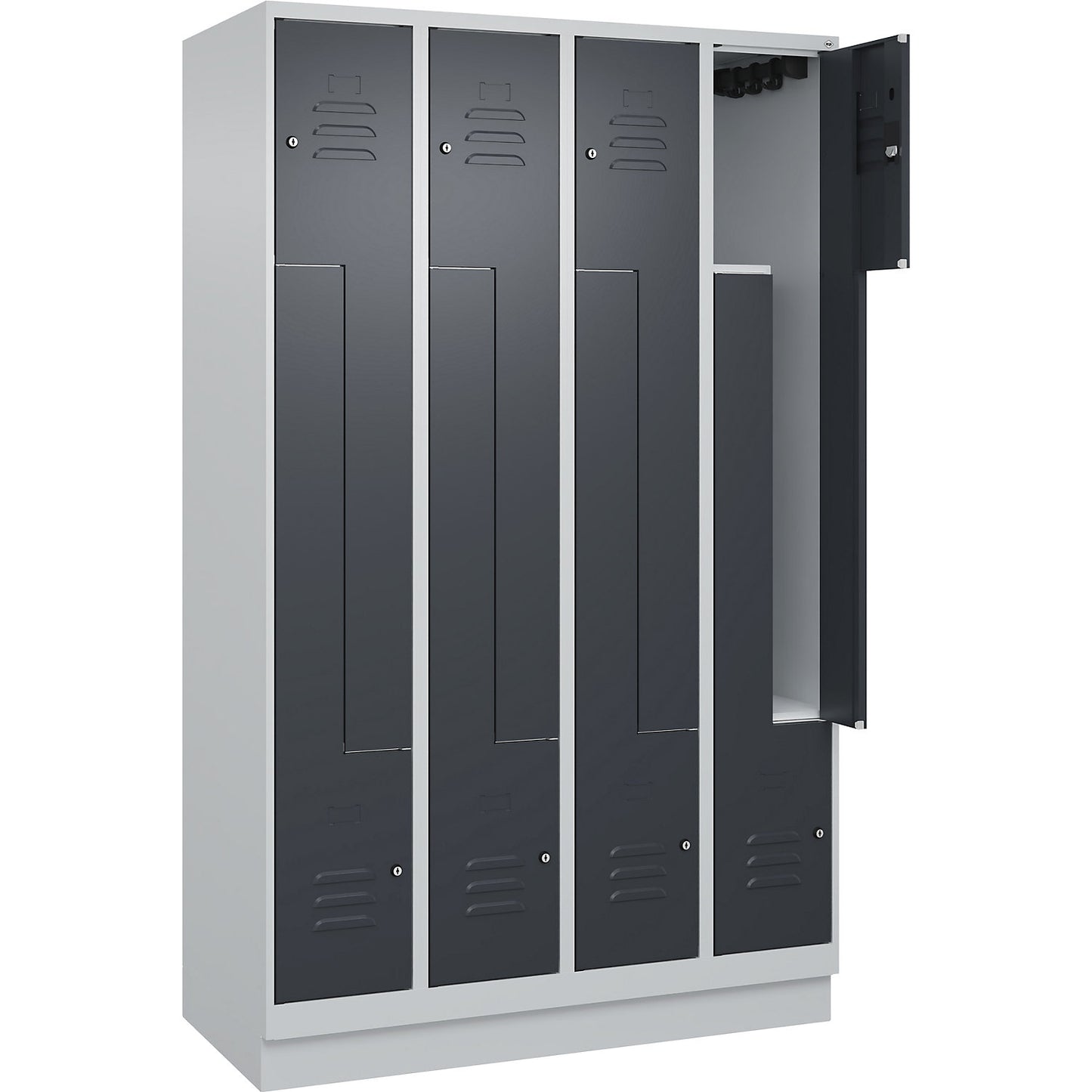 Classic PLUS Z locker, 4 compartments, light grey/grey, W 1200 mm, with base plinth, cylinder lock.