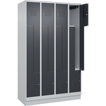 Classic PLUS Z locker, 4 compartments, light grey/grey, W 1200 mm, with base plinth, cylinder lock.