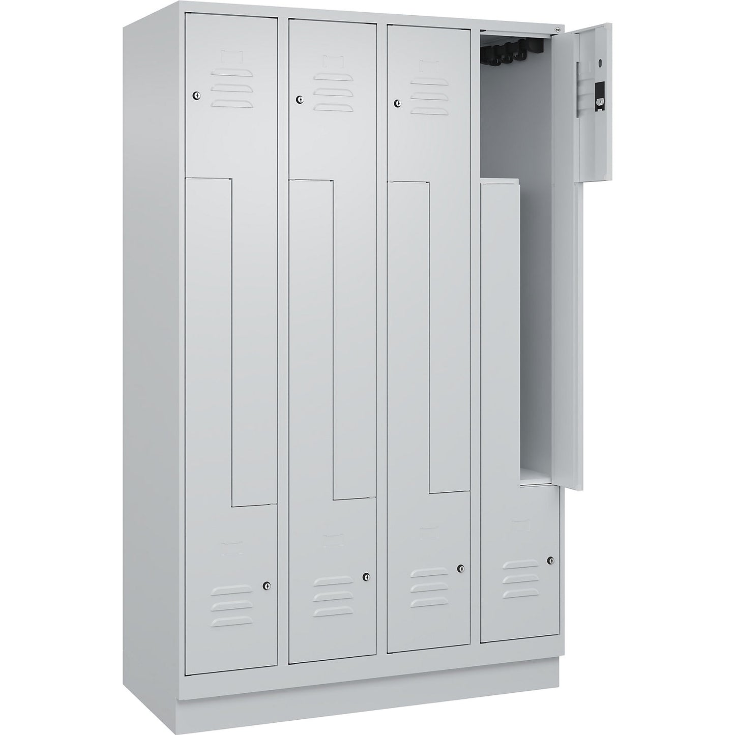 Classic PLUS Z locker, 4 compartments, light grey, W 1200 mm, with base plinth, cylinder lock.
