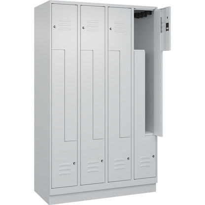 Classic PLUS Z locker, 4 compartments, light grey, W 1200 mm, with base plinth, cylinder lock.