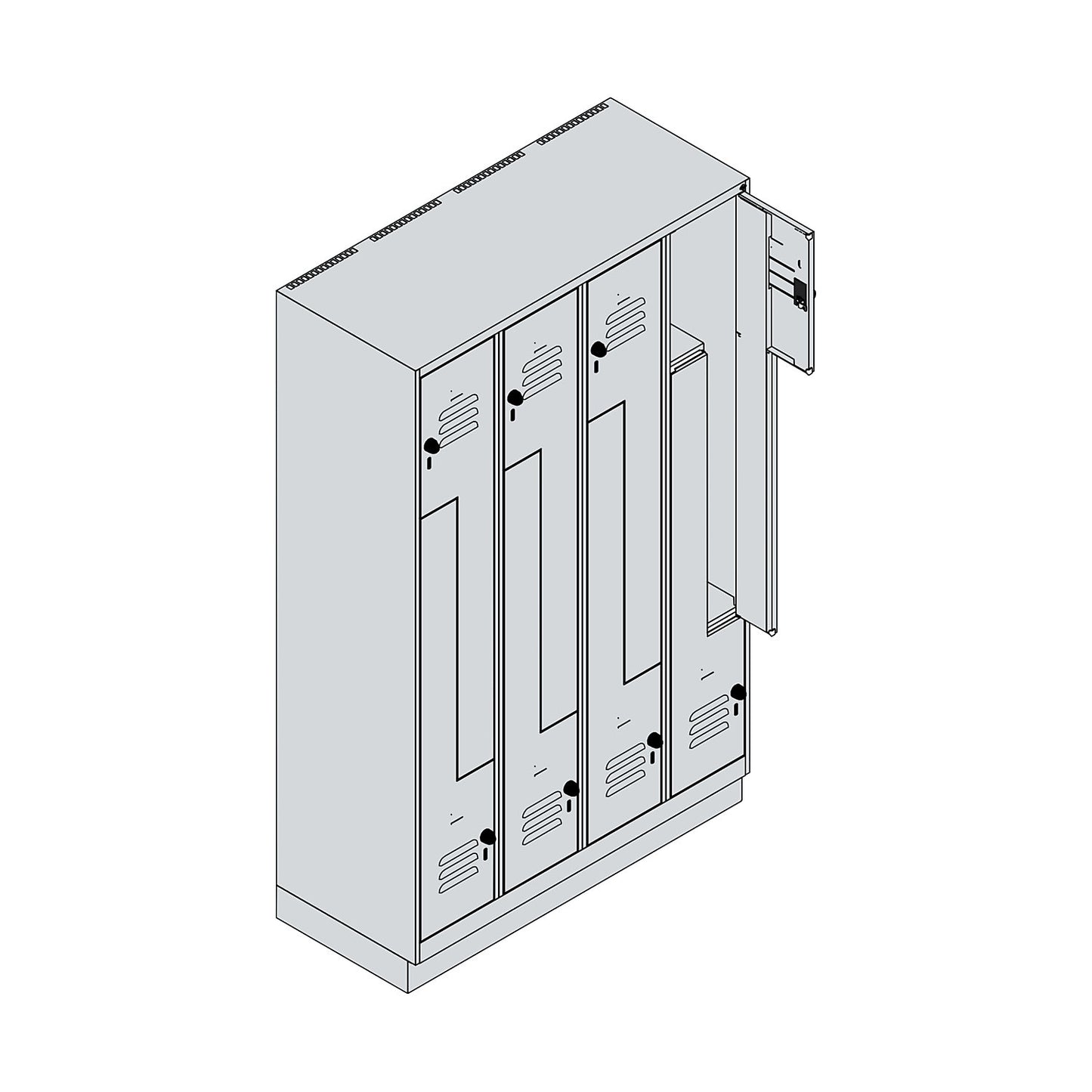 Classic PLUS Z locker, 4 compartments, light grey/gentian blue, W 1200 mm, with base plinth, rotary bolt.