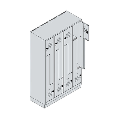 Classic PLUS Z locker, 4 compartments, light grey/gentian blue, W 1200 mm, with base plinth, rotary bolt.