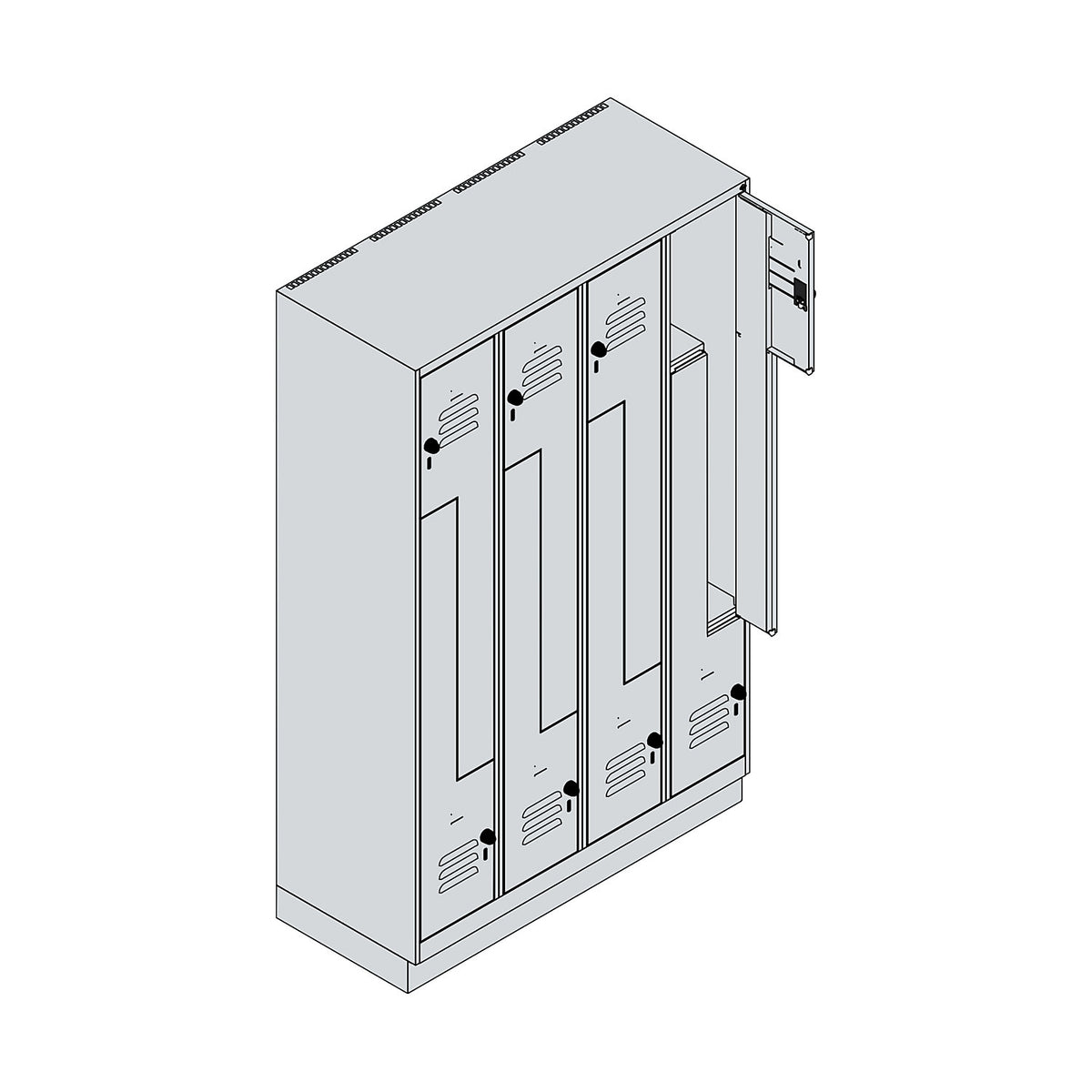 Classic PLUS Z locker, 4 compartments, light grey/gentian blue, W 1200 mm, with base plinth, rotary bolt.