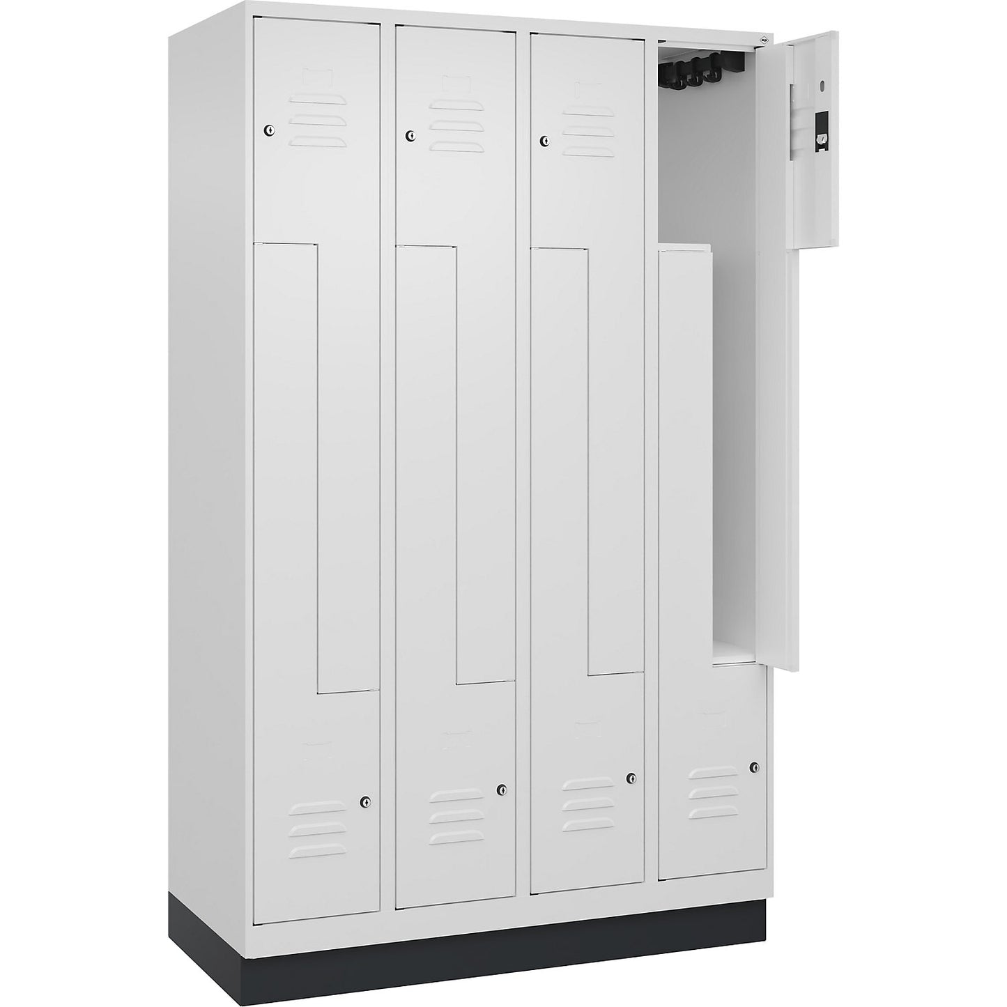 Classic PLUS Z locker, 4 compartments, traffic white, W 1200 mm, with base plinth, cylinder lock.