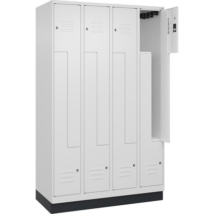 Classic PLUS Z locker, 4 compartments, traffic white, W 1200 mm, with base plinth, cylinder lock.