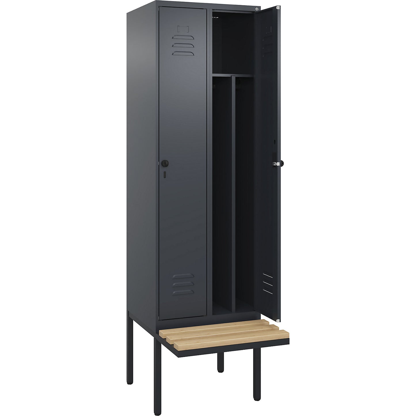 Classic PLUS clean and dirty bench seat clothes locker, narrow, 2 compartments, shortened centre divider, grey, W 600 mm, security rotary bolt, cantilevered, beech hardwood.