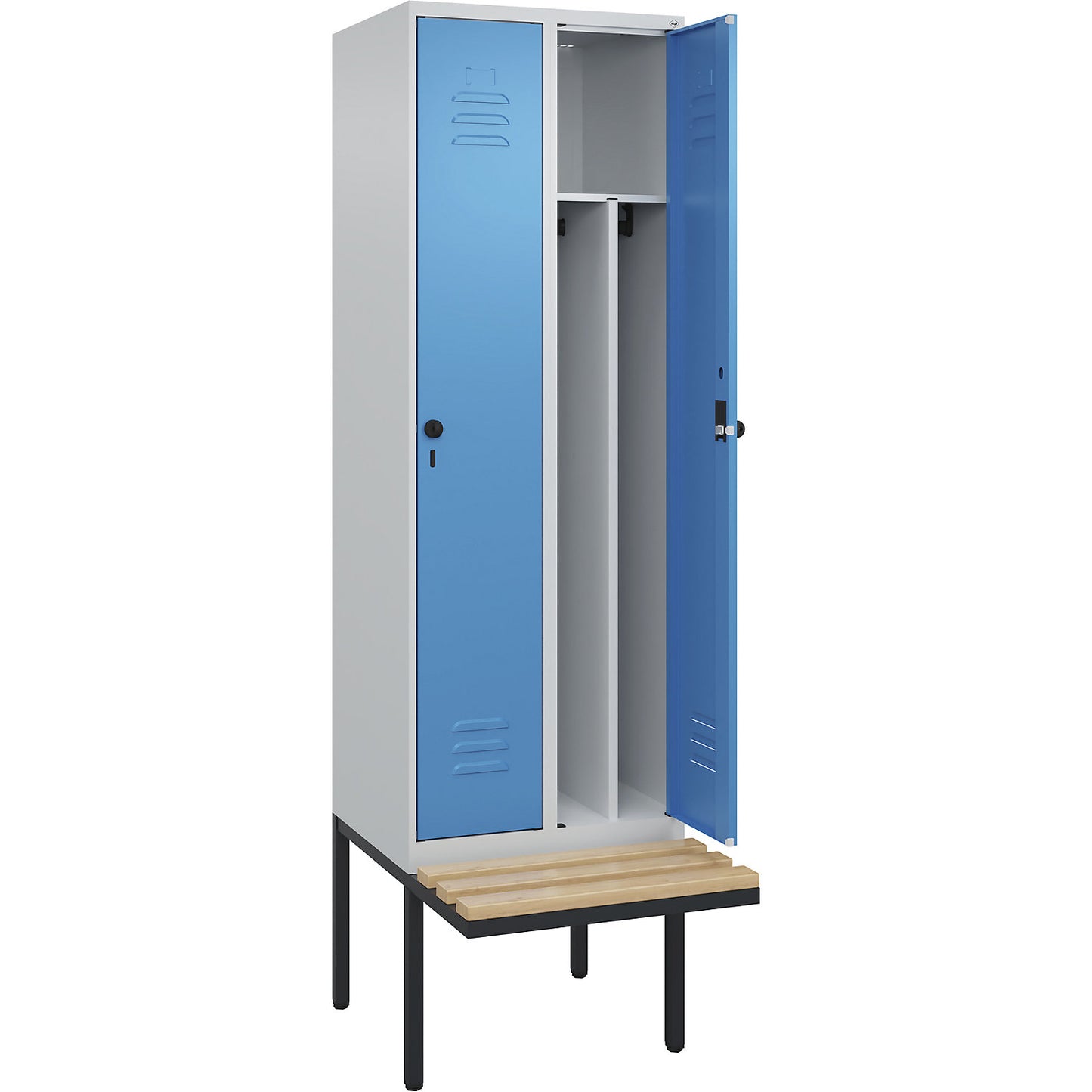 Classic PLUS clean and dirty bench seat clothes locker, narrow, 2 compartments, shortened centre divider, light grey/light blue, W 600 mm, security rotary bolt, cantilevered, beech hardwood.