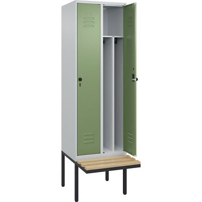 Classic PLUS clean and dirty bench seat clothes locker, narrow, 2 compartments, shortened centre divider, light grey/reseda green, W 600 mm, security rotary bolt, cantilevered, beech hardwood.