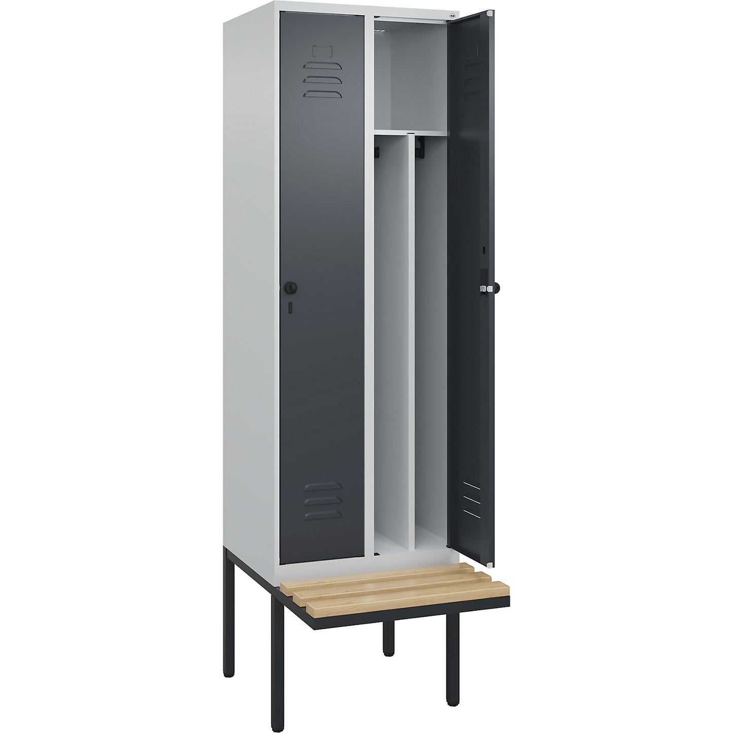 Classic PLUS clean and dirty bench seat clothes locker, narrow, 2 compartments, shortened centre divider, light grey/grey, W 600 mm, security rotary bolt, cantilevered, beech hardwood.