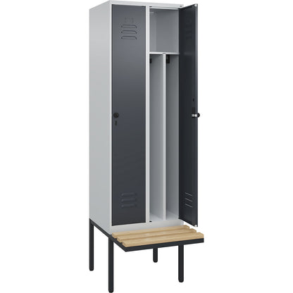 Classic PLUS clean and dirty bench seat clothes locker, narrow, 2 compartments, shortened centre divider, light grey/grey, W 600 mm, security rotary bolt, cantilevered, beech hardwood.