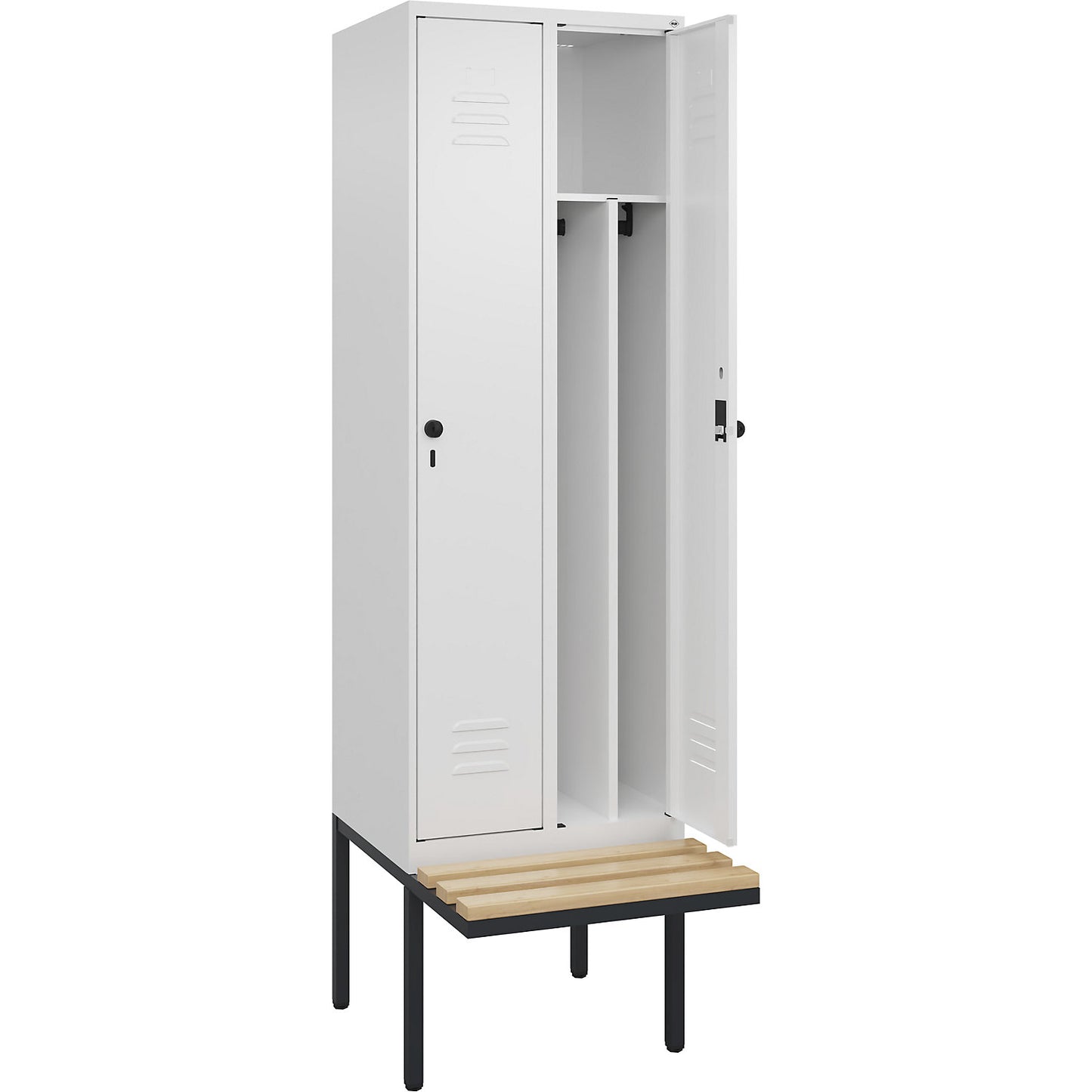 Classic PLUS clean and dirty bench seat clothes locker, narrow, 2 compartments, shortened centre divider, traffic white, W 600 mm, security rotary bolt, cantilevered, beech hardwood.
