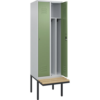 Classic PLUS clean and dirty bench seat clothes locker, narrow, 2 compartments, shortened centre divider, light grey/reseda green, W 600 mm, cylinder lock, cantilevered, beech hardwood.