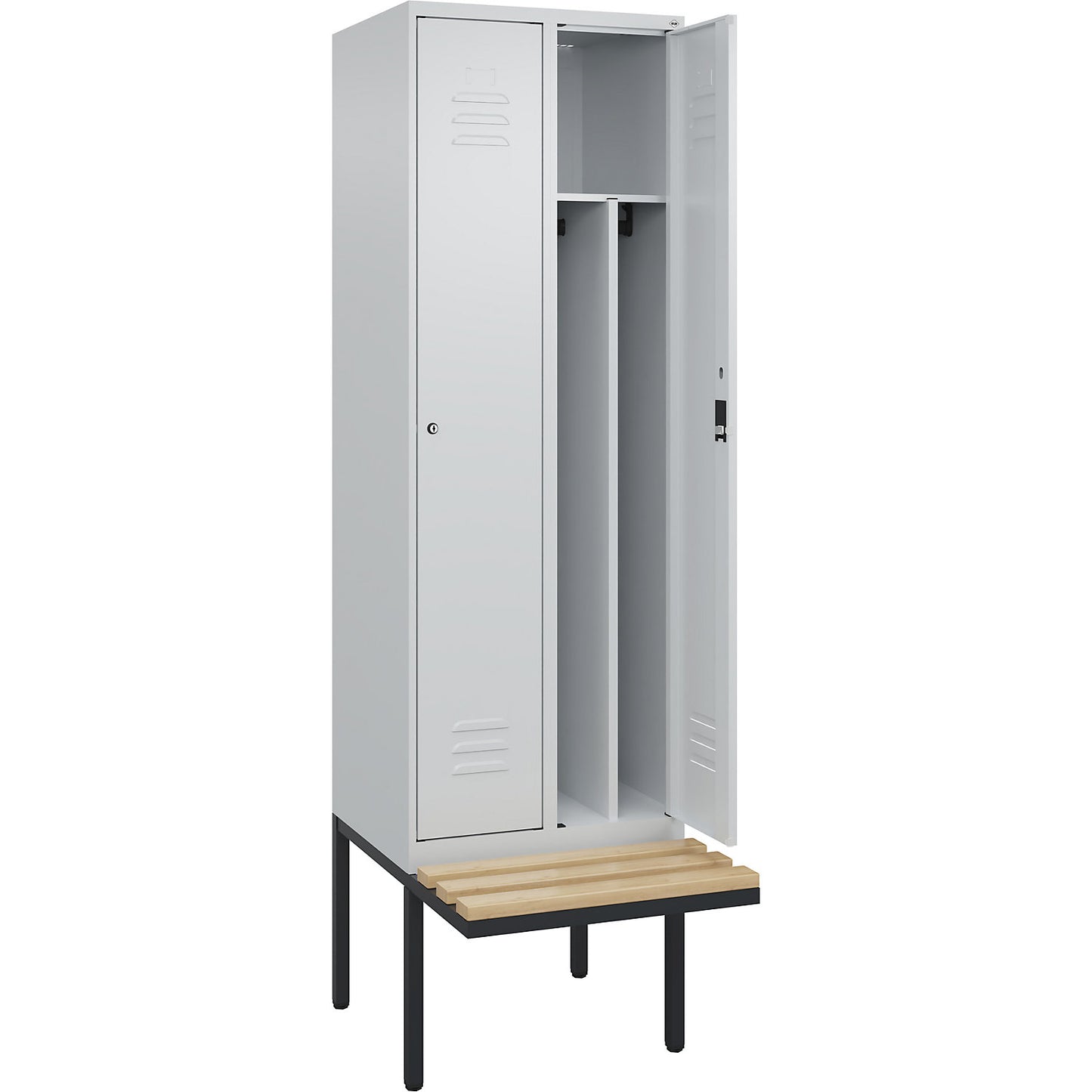 Classic PLUS clean and dirty bench seat clothes locker, narrow, 2 compartments, shortened centre divider, light grey, W 600 mm, cylinder lock, cantilevered, beech hardwood.