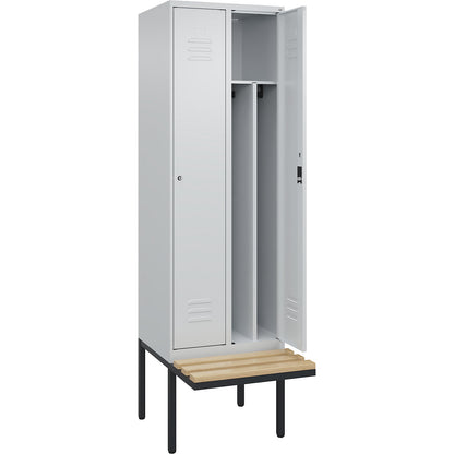 Classic PLUS clean and dirty bench seat clothes locker, narrow, 2 compartments, shortened centre divider, light grey, W 600 mm, cylinder lock, cantilevered, beech hardwood.