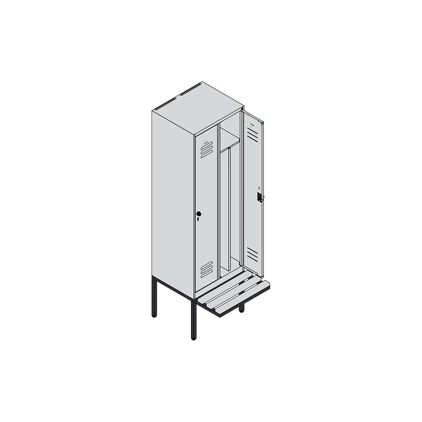 Classic PLUS clean and dirty bench seat clothes locker, narrow, 2 compartments, shortened centre divider, grey, W 600 mm, security rotary bolt, cantilevered, beech hardwood.