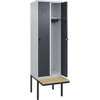 Classic PLUS bench seat clothes locker, 2 compartments, light grey/grey, W 600 mm, security rotary bolt, cantilevered, beech hardwood.