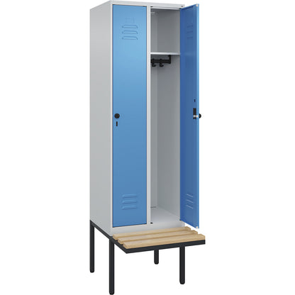Classic PLUS bench seat clothes locker, 2 compartments, light grey/light blue, W 600 mm, security rotary bolt, cantilevered, beech hardwood.