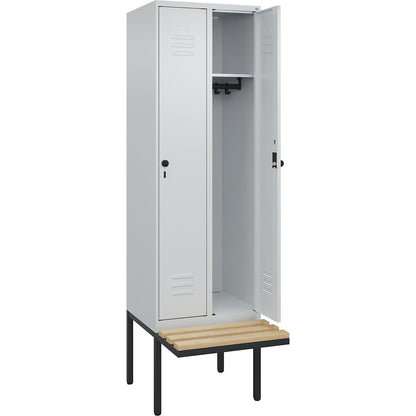 Classic PLUS bench seat clothes locker, 2 compartments, light grey, W 600 mm, security rotary bolt, cantilevered, beech hardwood.