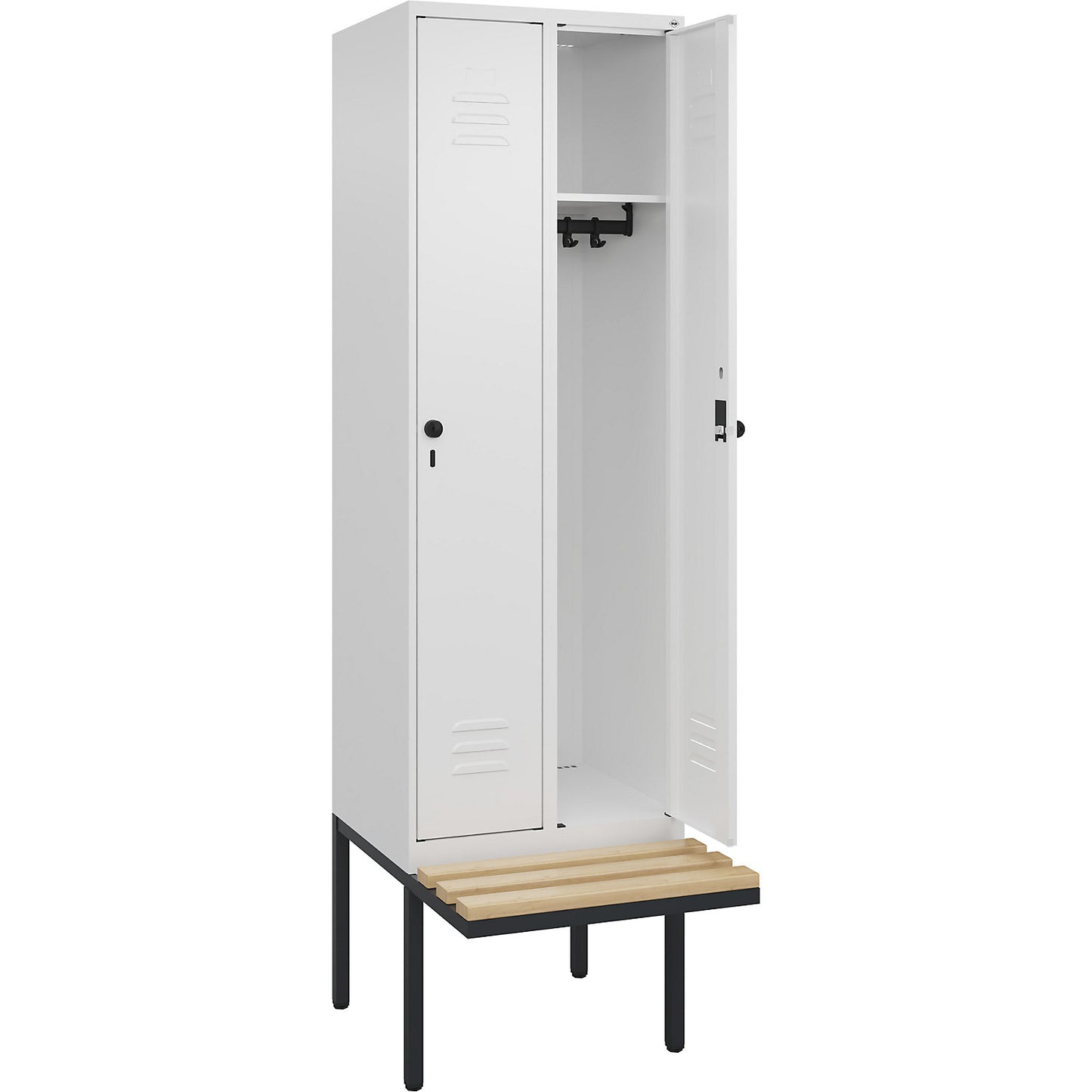 Classic PLUS bench seat clothes locker, 2 compartments, traffic white, W 600 mm, security rotary bolt, cantilevered, beech hardwood.