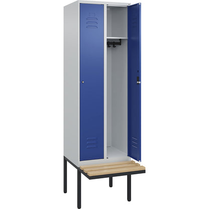 Classic PLUS bench seat clothes locker, 2 compartments, light grey/gentian blue, W 600 mm, cylinder lock, cantilevered, beech hardwood.