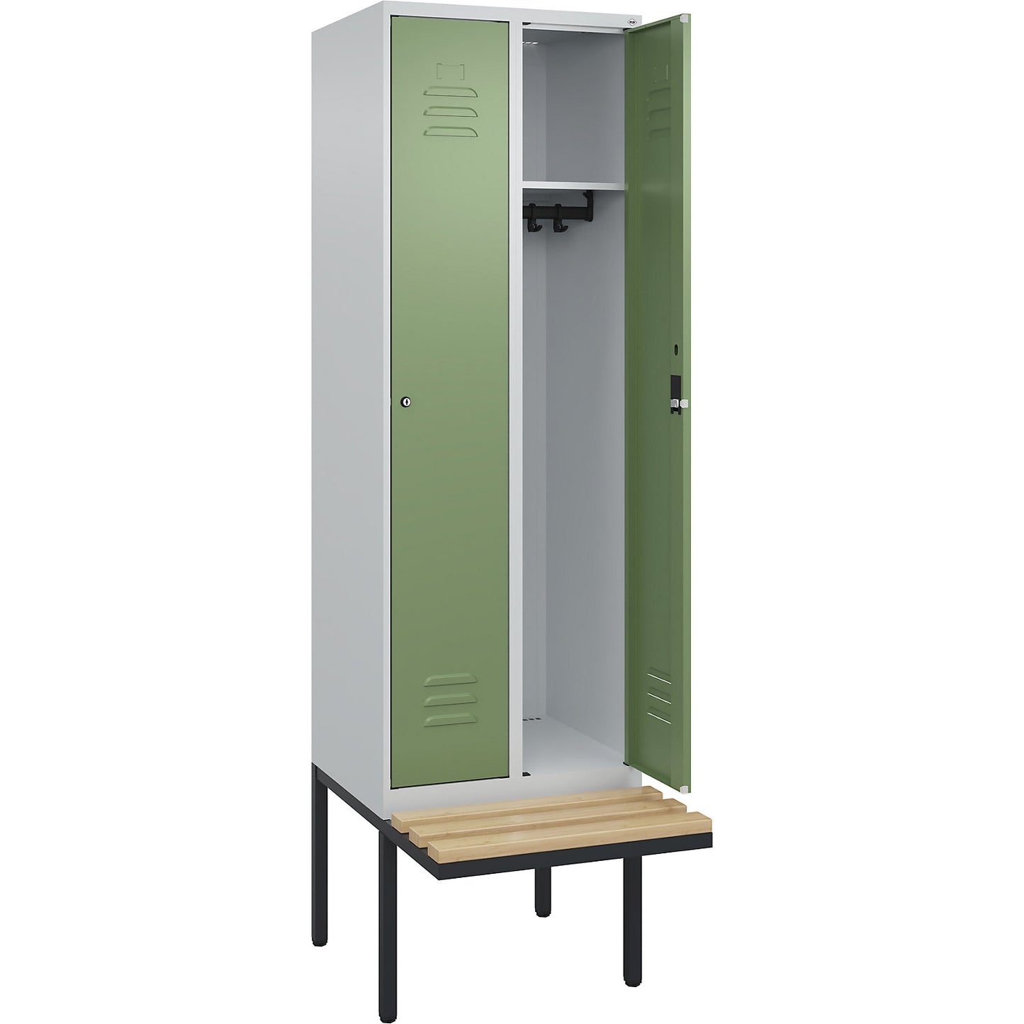 Classic PLUS bench seat clothes locker, 2 compartments, light grey/reseda green, W 600 mm, cylinder lock, cantilevered, beech hardwood.