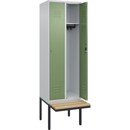 Classic PLUS bench seat clothes locker, 2 compartments, light grey/reseda green, W 600 mm, cylinder lock, cantilevered, beech hardwood.
