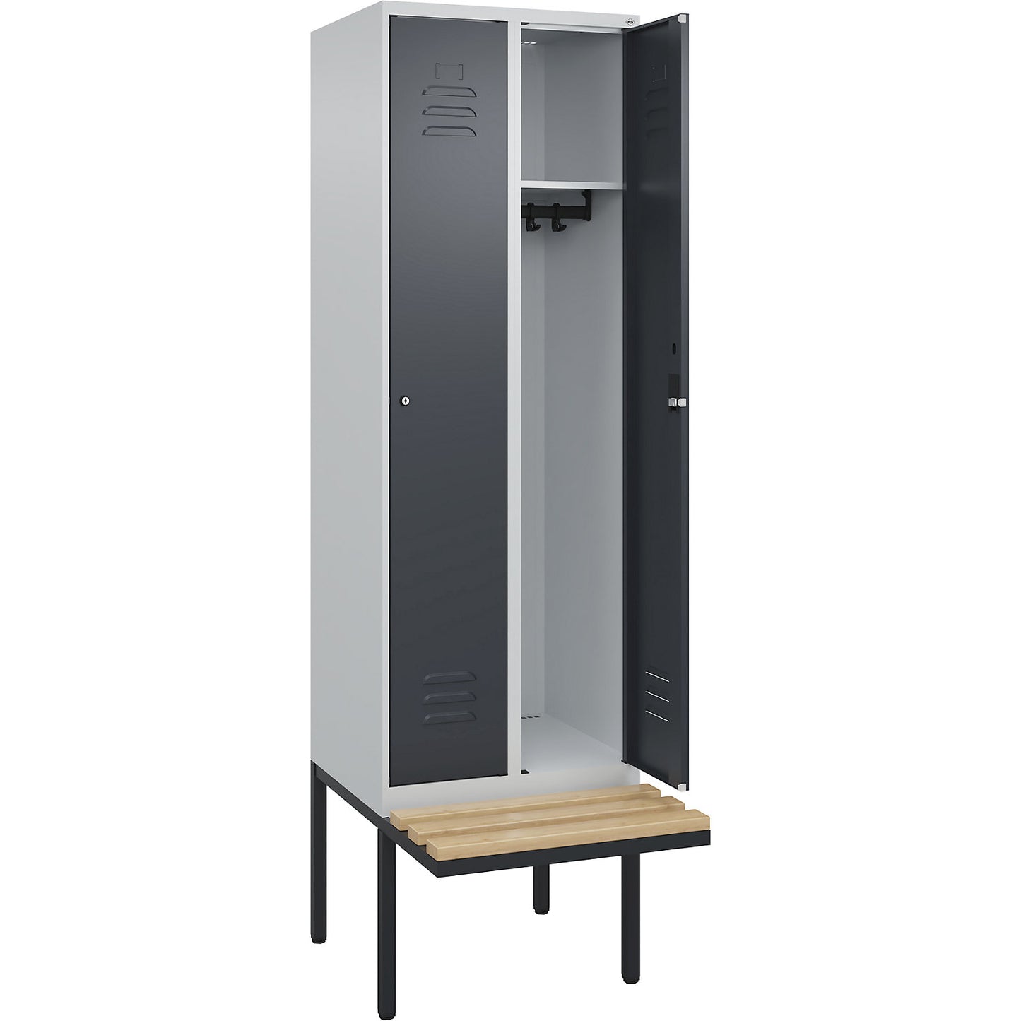 Classic PLUS bench seat clothes locker, 2 compartments, light grey/grey, W 600 mm, cylinder lock, cantilevered, beech hardwood.