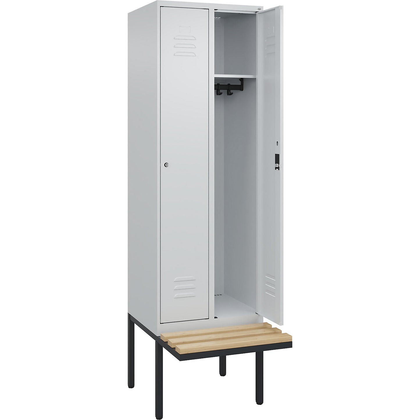 Classic PLUS bench seat clothes locker, 2 compartments, light grey, W 600 mm, cylinder lock, cantilevered, beech hardwood.