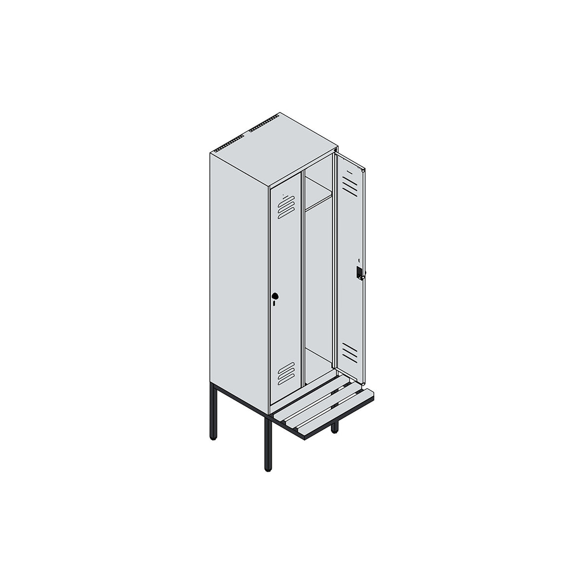 Classic PLUS bench seat clothes locker, 2 compartments, light grey/gentian blue, W 600 mm, security rotary bolt, cantilevered, beech hardwood.