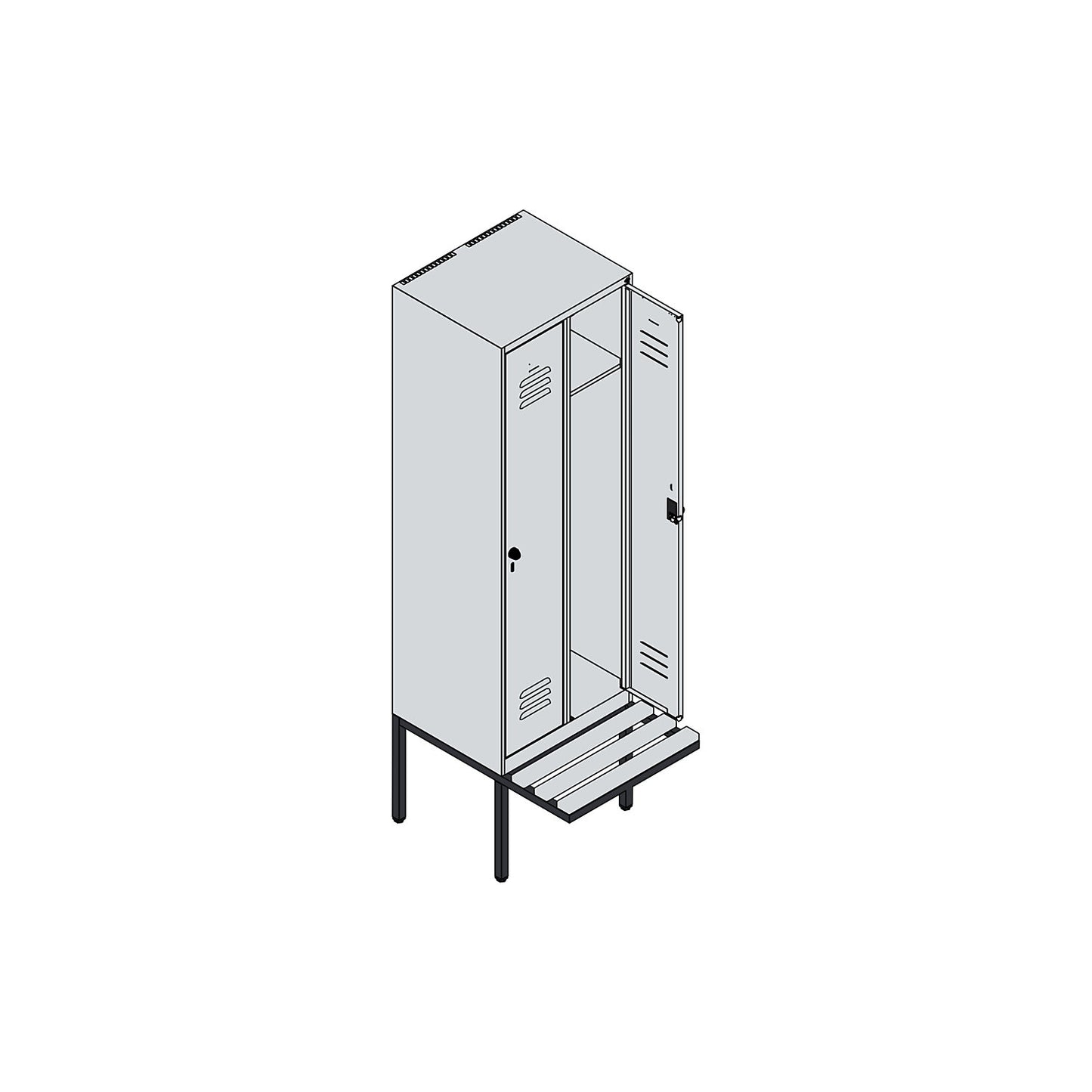 Classic PLUS bench seat clothes locker, 2 compartments, light grey/reseda green, W 600 mm, security rotary bolt, cantilevered, beech hardwood.