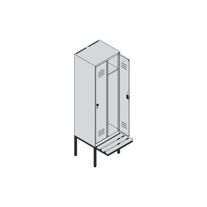 Classic PLUS bench seat clothes locker, 2 compartments, light grey/reseda green, W 600 mm, security rotary bolt, cantilevered, beech hardwood.